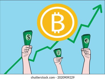 Vector of greedy hands of people with money, different banknotes: dollars, euro and rubles want to buy cryptocurrency, bitcoin. BTC hype, value of coin growth, rising up, arrow, increasing cost. 