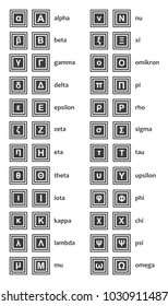 Vector greek alphabet - both upper case and lower case - letters with the names isolated on the white background