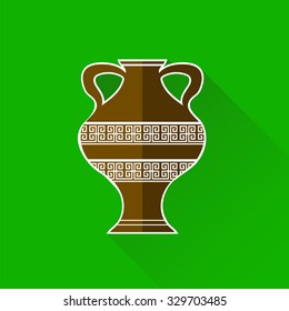 Vector Greek Amphora  Icon Isolated on Blue Background. Long Shadow