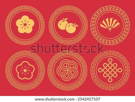 vector greek border seamless pattern and chinese new year icon set, lurnar new year, icon and symbol set
