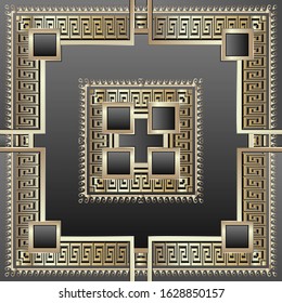 Vector greek geometric 3d seamless pattern. Ornamental ethnic tribal background. Repeat backdrop. Abstract Greek key meanders gold 3d ornament. Geometrical shapes, square frames, stripes, lines.