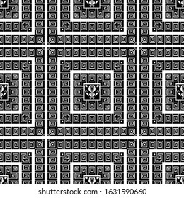 Vector greek geometric seamless pattern. Ornamental ethnic tribal background. Repeat tartan backdrop. Abstract Greek key meanders squares ornament. Geometrical shapes, square frames, flowers, leaves.