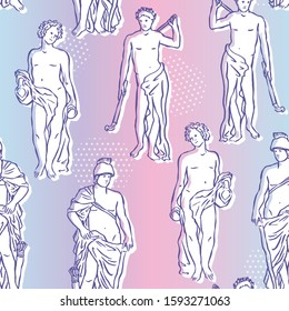 Vector Greek gods seamless pattern. Ancient sculpture of Roman divinities. Vaporwave hand drawn design.