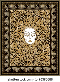 Vector Greek meander border pattern frame, Medusa Gorgon face with serpent golden hair. Gold, black and beige Baroque fashionable print for tee shirt, shopping bag, pillow, silk textile patch