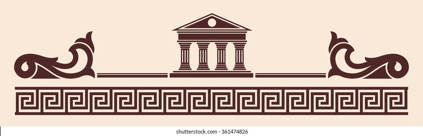 Vector Greek ornament. Temple of the Olympian gods with columns and graphic elements.