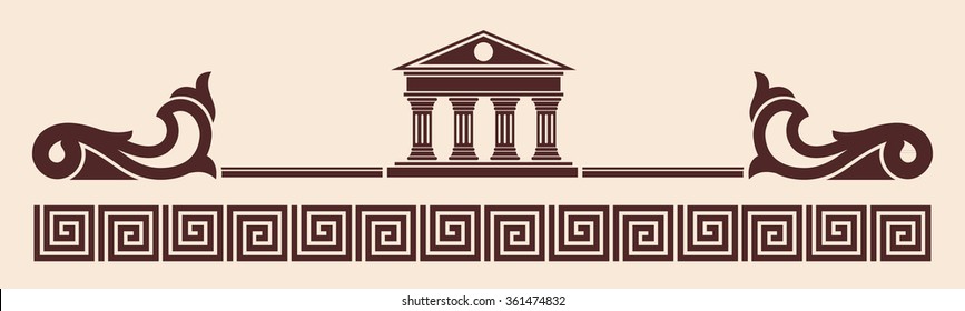 Vector Greek ornament. Temple of the Olympian gods with columns and graphic elements.