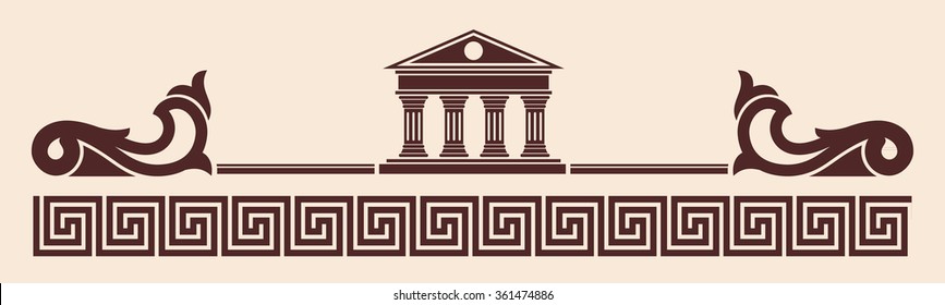 Vector Greek ornament. Temple of the Olympian gods with columns and graphic elements.