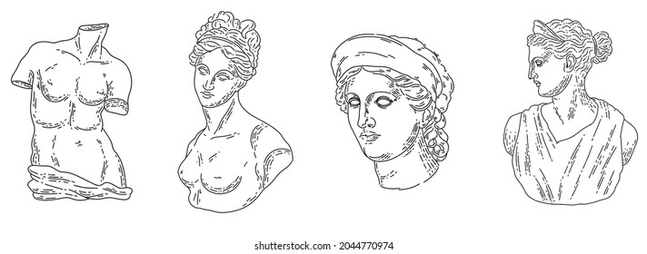 Vector greek sculptures on white background. Venus plaster sculpture. Set of vector elements for wedding invitation, design template, greeting card,pattern, textile, print