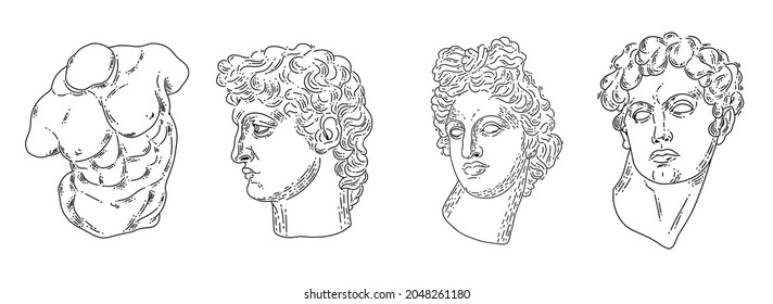 Vector greek sculptures on white background. Apollo plaster sculpture. Set of vector elements for wedding invitation, design template, greeting card,pattern, textile, print.