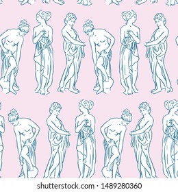 Vector greek statues seamless pattern. Ancient sculpture of goddess: Diana, Athena, Venus, Feminine girlfriends design.