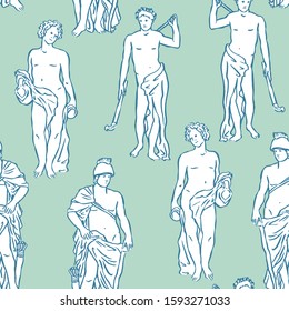 Vector Greek statues seamless pattern. Ancient sculpture of Roman divinities. Hand drawn design.