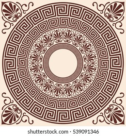 Vector Greek Style Background. Circular Ornament. Brown Pattern On A Beige Background.