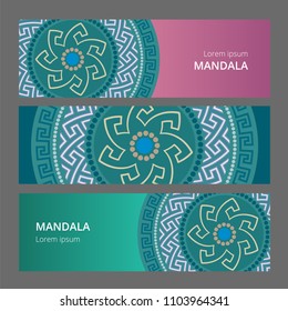 Vector Greek style banner set. Circular ornament. Blue pattern on a different colored background.