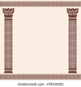 Vector Greek style frame ornament with columns. Brown pattern on a beige background.