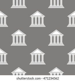 Vector Greek Temple Icon Seamless Pattern on Grey Background.