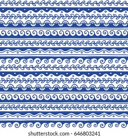 Conjunto de Elementos decorativos de onda y meandro griego de Vector. Elementos tradicionales adornados vintage sin costuras con patrones griegos, Meander. Ornamento de Vector sin costuras.