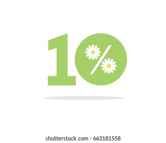 Vector green 10% text designed with a daisy flower on air with shadow isolated on white background. For summer sale campaigns.