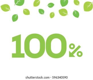 Vector green 100% text designed with an arrow percent icon on white background with leaves. For spring sale campaigns. 