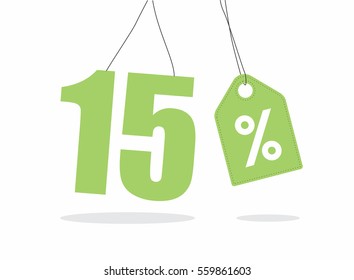 Vector green 15% text with a tag on air with shadow.