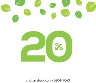 Vector green 20% text designed with an arrow percent icon on white background with leaves. For spring sale campaign. 