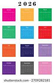 Vector Verde 2026 Año Calendario Plantilla Imprimible