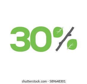 Vector green 30% text designed with leaves and a stick (branch) percent icon isolated on white background. For spring sale campaigns. 