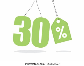 Vector green 30% text with a tag on air with shadow.