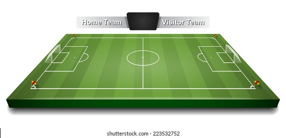 Vector green 3d soccer field or football field, gridiron with digital board