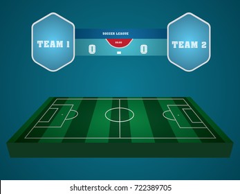 Vector green 3d soccer field or football field, with scoreboard 