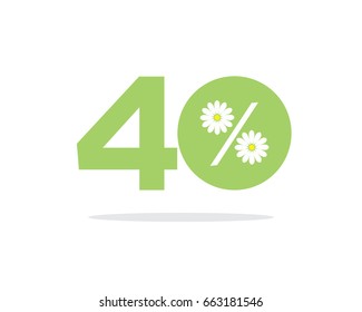 Vector green 40% text designed with a daisy flower on air with shadow isolated on white background. For summer sale campaigns.