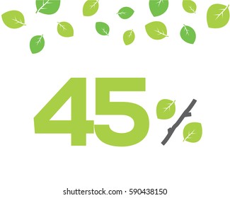 Vector green 45% text designed with a leaf and stick branch percent icon on white background with leaves. For spring sale campaigns. 