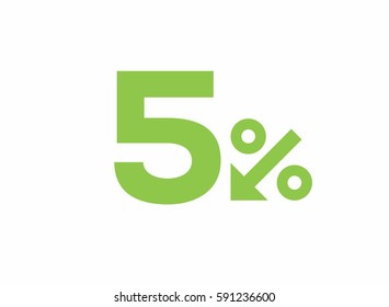 Vector green 5% text designed with an arrow percent icon isolated on white background. For spring sale campaigns. 