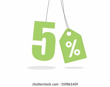 Vector green 5% text with a tag on air with shadow.