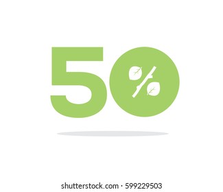 Vector green 50% text designed with a leaf and stick branch percent icon on air with shadow isolated on white background. For spring and summer sale campaigns.