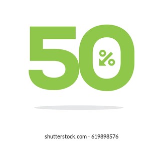 Vector green 50% text designed with an arrow percent icon on air with shadow isolated on white background. For sale campaign.