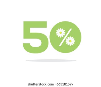 Vector green 50% text designed with a daisy flower on air with shadow isolated on white background. For summer sale campaigns.