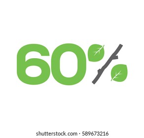 Vector green 60% text designed with leaves and a stick (branch) percent icon isolated on white background. For spring sale campaigns. 