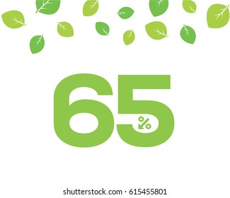 Vector green 65% text designed with an arrow percent icon on white background with leaves. For spring sale campaign. 
