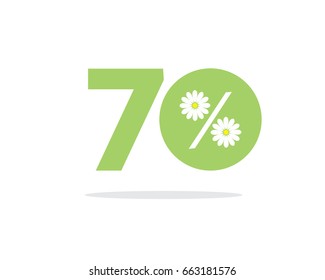 Vector green 70% text designed with a daisy flower on air with shadow isolated on white background. For summer sale campaigns.