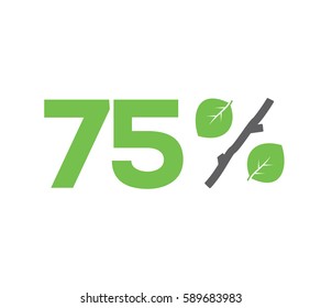 Vector green 75% text designed with leaves and a stick (branch) percent icon isolated on white background. For spring sale campaigns. 