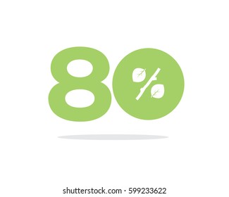 Vector green 80% text designed with a leaf and stick branch percent icon on air with shadow isolated on white background. For spring and summer sale campaigns.