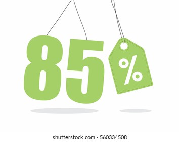 Vector green 85% text with a tag on air with shadow.