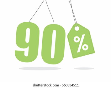 Vector green 90% text with a tag on air with shadow.