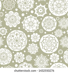 Vector green abstract Doodle Circles Seamless Pattern Background. Handdrawn Mandala smooth and ethic background. Great for elegant texture fabric, cards, wedding invitations, wallpaper. Calm and boho