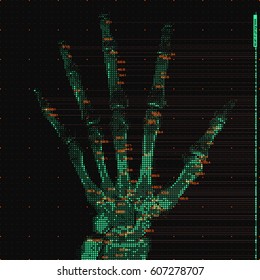 Vektorgrüne abstrakte Handtomographie Analyse Illustration. Digitaler Palm-Röntgenscan. Medizinische Daten MRI Visualisierung Konzept. Futuristische Gesundheitssoftware HUD UI. Datengesteuertes Bild. Menschliche Hand