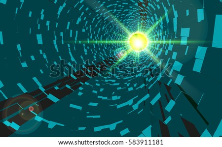 Vector Green Abstract Technology Tunnel with Light at the End. 3D tunnel grid