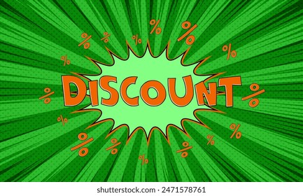 Vector green advertising banner with text discount in pop art comics style