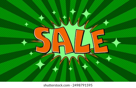 Vector green advertising banner with text sale in pop art comics style