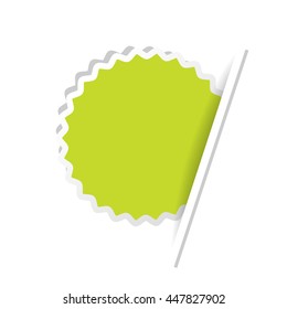 Vector green advertising label. Circular sticker inserted under the white paper page.