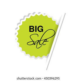 Vector green advertising label. Circular sticker inserted under the white paper page. Offer - big sale.